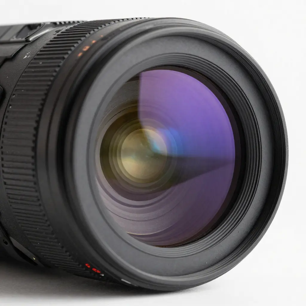 Professional camera lens with blue purple reflections